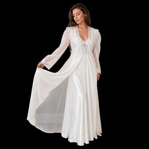 Vintage Valisere Nightgown Robe Peignoir Set Sz 42 XS/S Ivory Bridal Lace Sheer